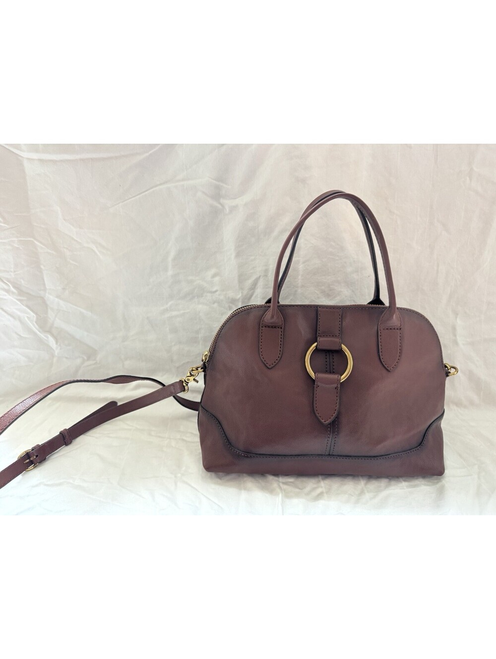 Frye Brown Ring Dome Satchel Top Handle Zip Bag Detachable Crossbody Strap - Picture 2 of 9